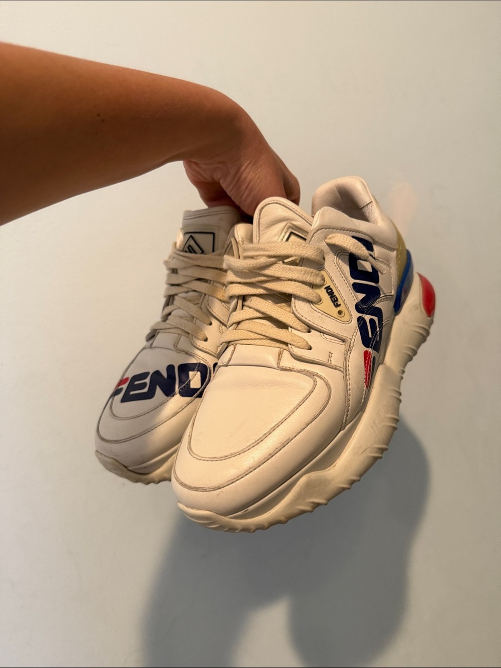 Fendi Cream Leather women/Men's Sneakers with Navy and Red Accents